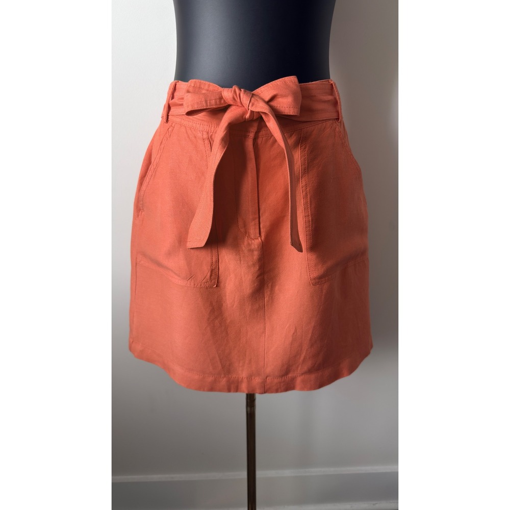 Ann Taylor Factory Coral Orange Tie Waist Linen Blend Mini Skirt Size 6